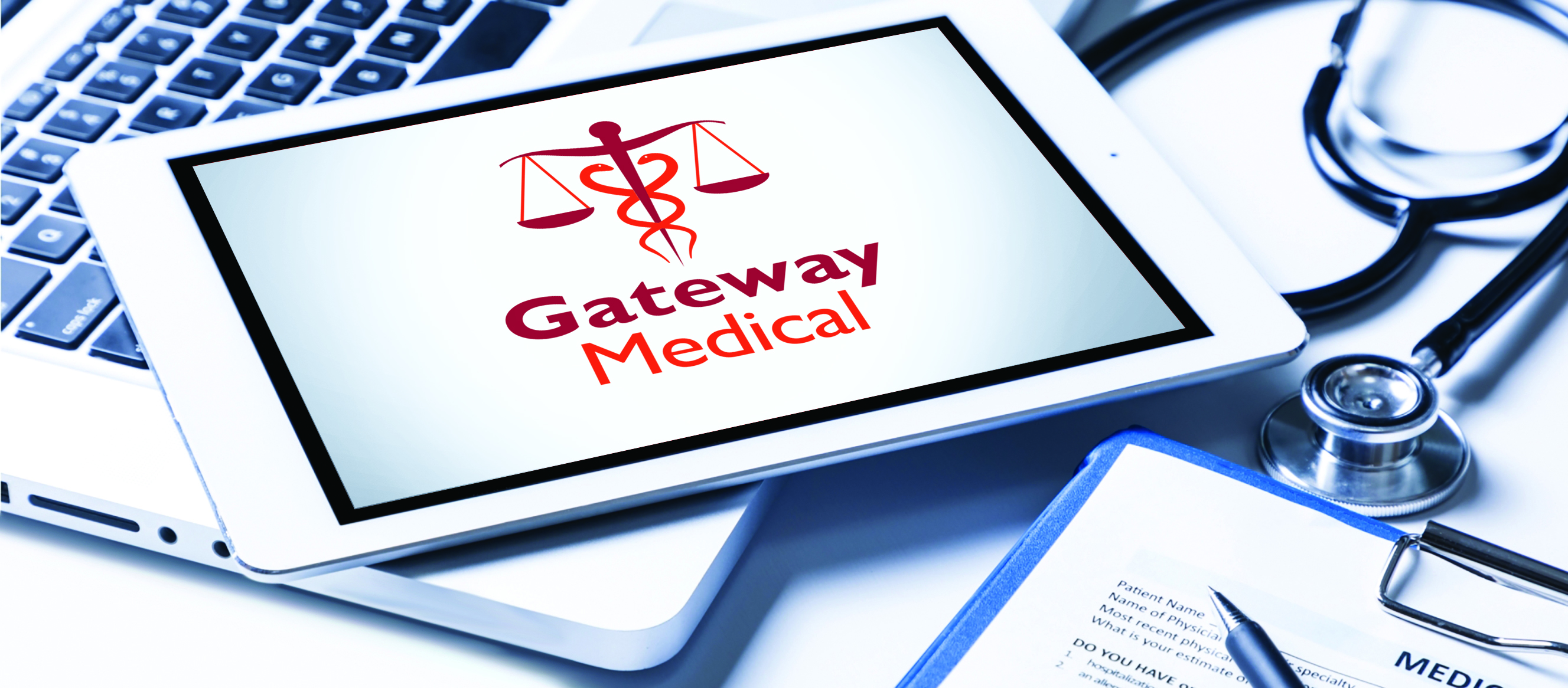 Gateway medical logo displayed on a tablet resting on a desk